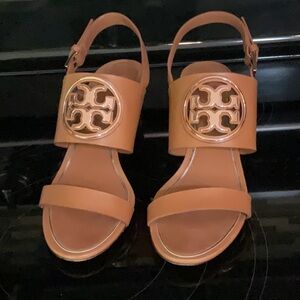 Tory Burch Metal Miller Tan Leather Sandals with Double T Logo wedge heel
